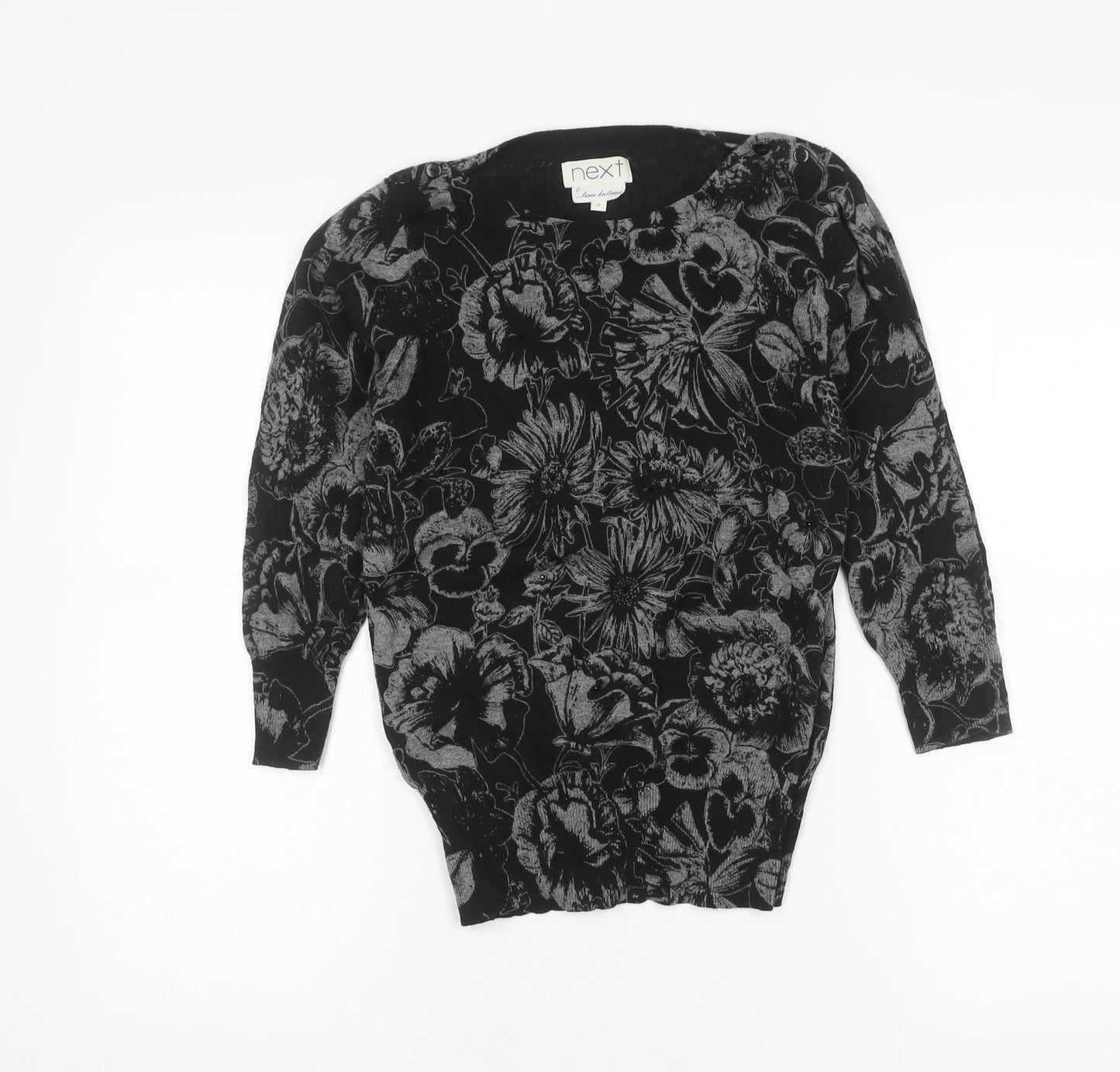 Next Women’s Black Floral Knit Tunic Blouse Size 6 Long Sleeve