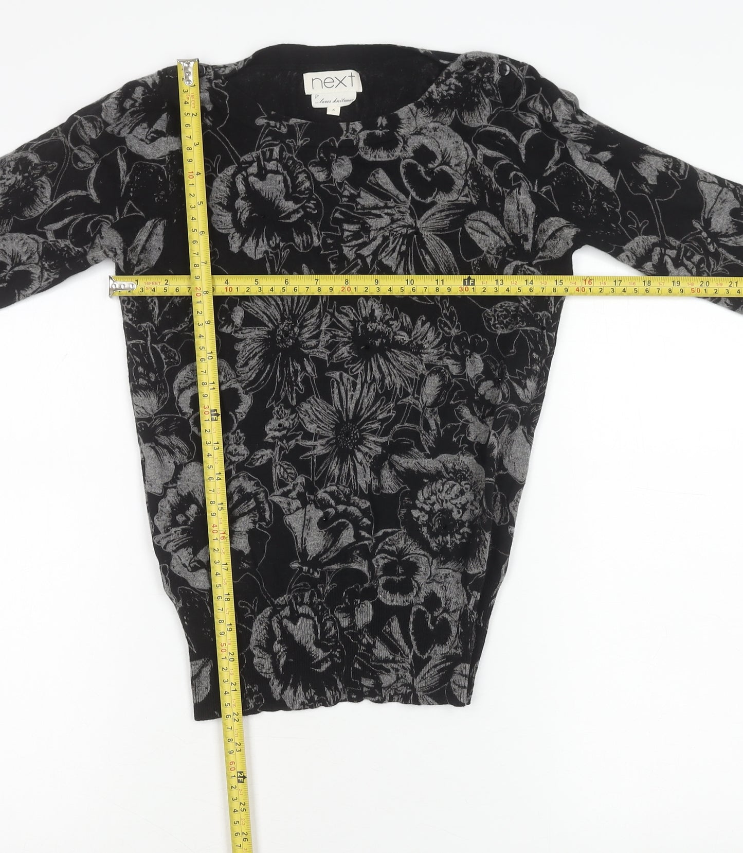 Next Women’s Black Floral Knit Tunic Blouse Size 6 Long Sleeve
