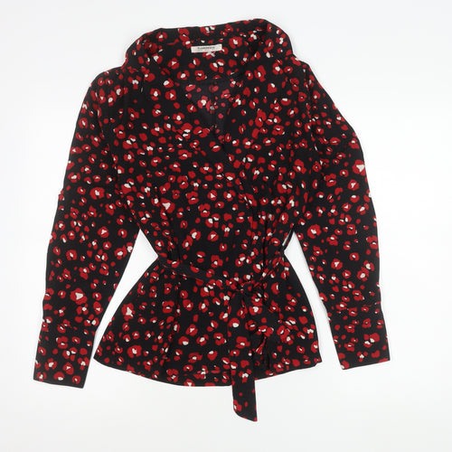 Glamorous Womens Black Red Wrap Blouse Size 10 Long Sleeve V-Neck