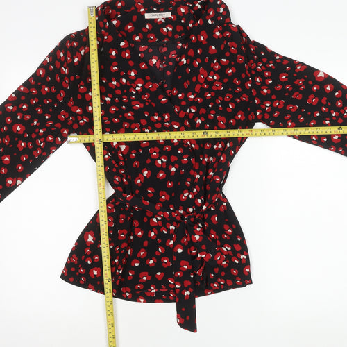 Glamorous Womens Black Red Wrap Blouse Size 10 Long Sleeve V-Neck
