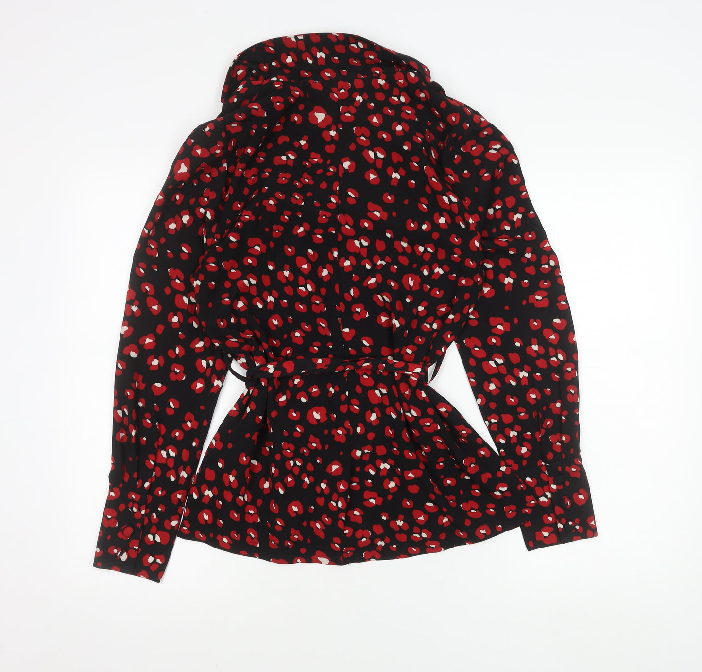 Glamorous Womens Black Red Wrap Blouse Size 10 Long Sleeve V-Neck