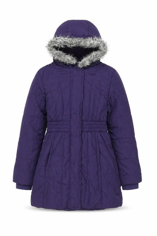 Front view of Peter Storm girls’ purple puffer coat 11-12 years hooded winter jacket