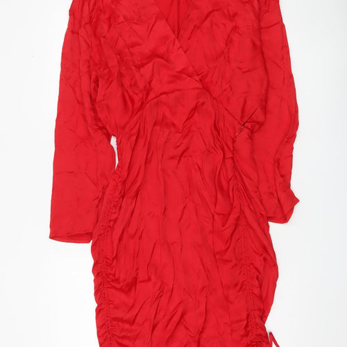 Zara Women Red Wrap Dress Size L Long Sleeve Ruched Party Cocktail