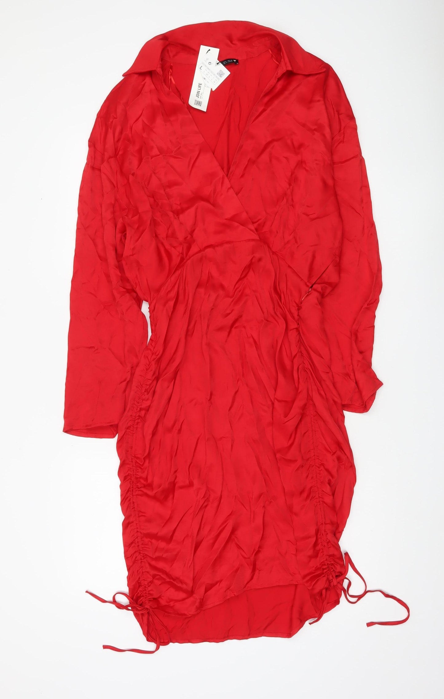 Zara Women Red Wrap Dress Size L Long Sleeve Ruched Party Cocktail