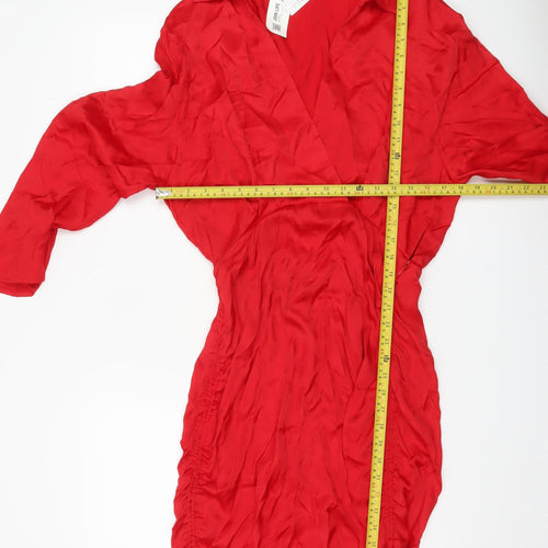 Zara Women Red Wrap Dress Size L Long Sleeve Ruched Party Cocktail