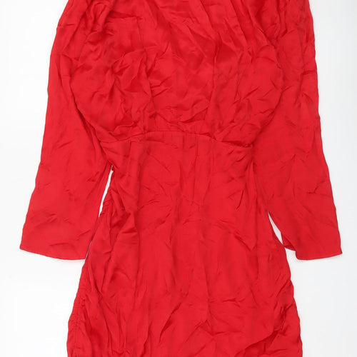 Zara Women Red Wrap Dress Size L Long Sleeve Ruched Party Cocktail