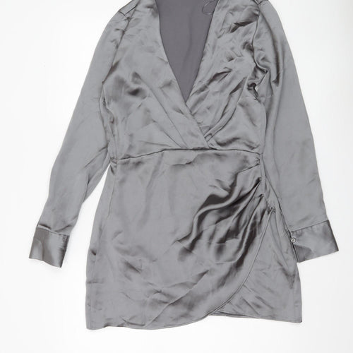 Zara Women Grey Satin Wrap Dress Size 12 Long Sleeve Party