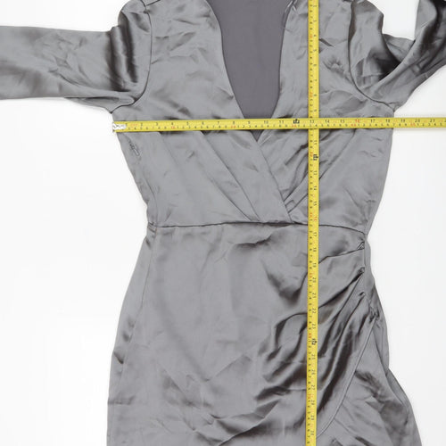 Zara Women Grey Satin Wrap Dress Size 12 Long Sleeve Party