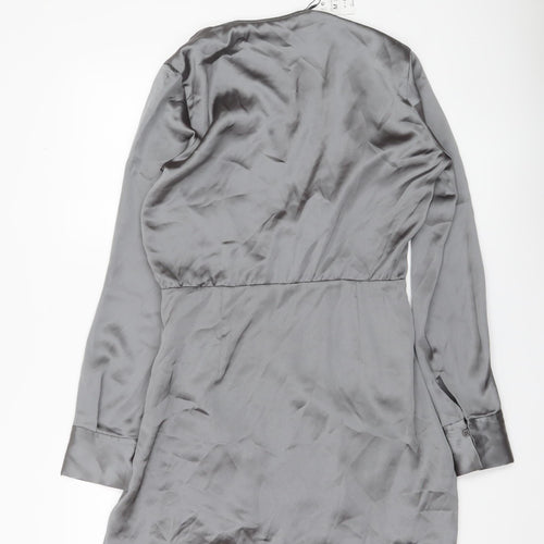 Zara Women Grey Satin Wrap Dress Size 12 Long Sleeve Party