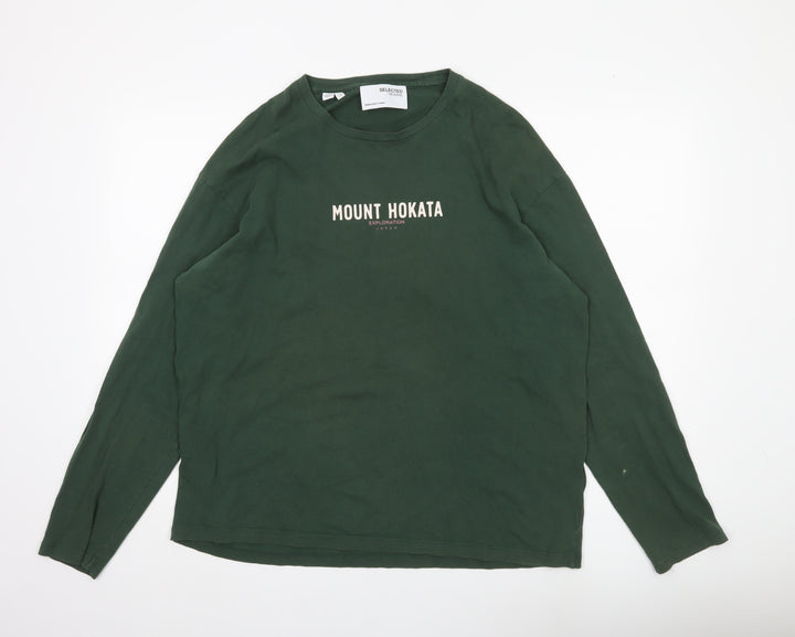Selected Homme Men’s Green Long Sleeve Graphic Cotton T-Shirt L