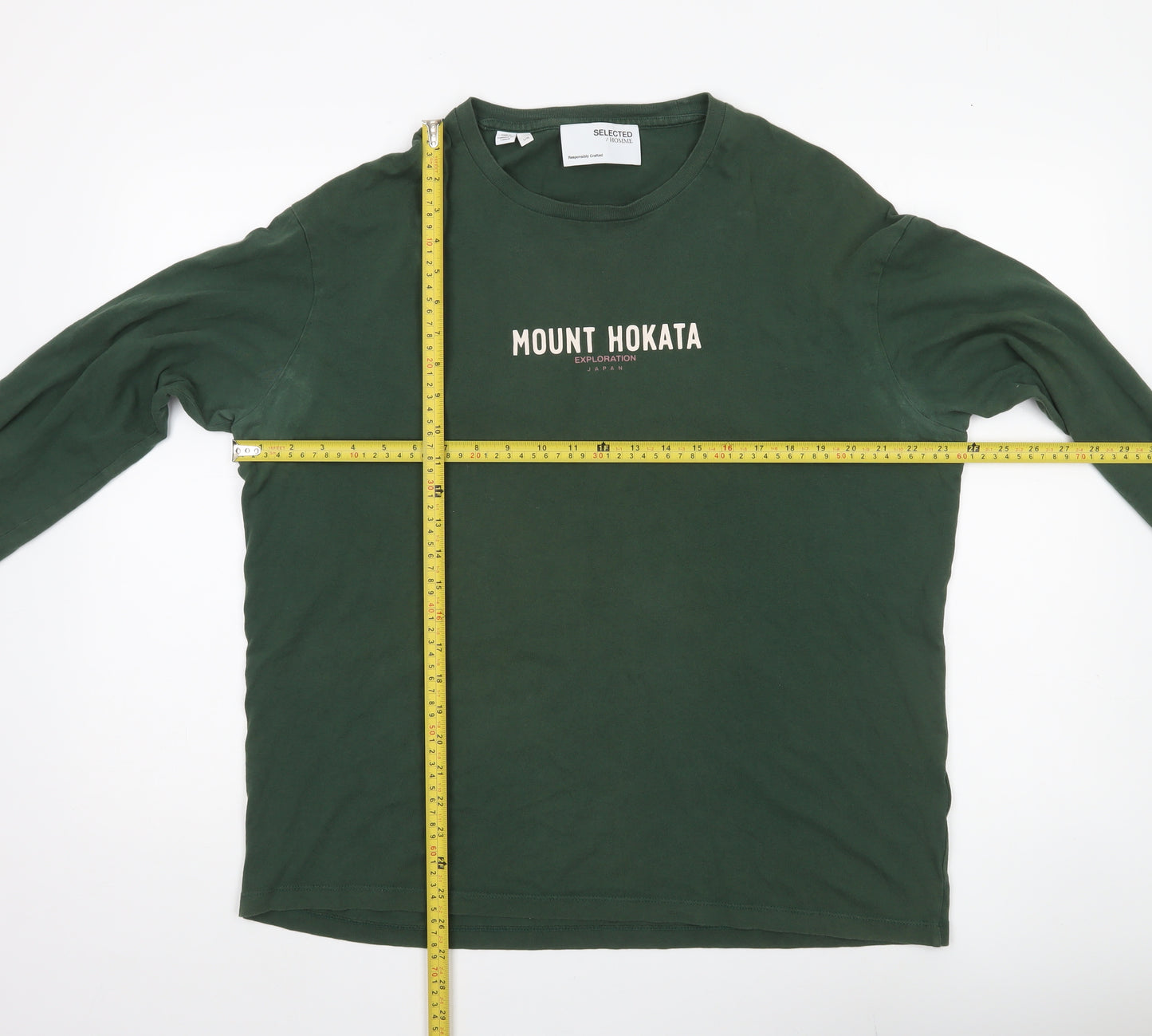 Selected Homme Men’s Green Long Sleeve Graphic Cotton T-Shirt L