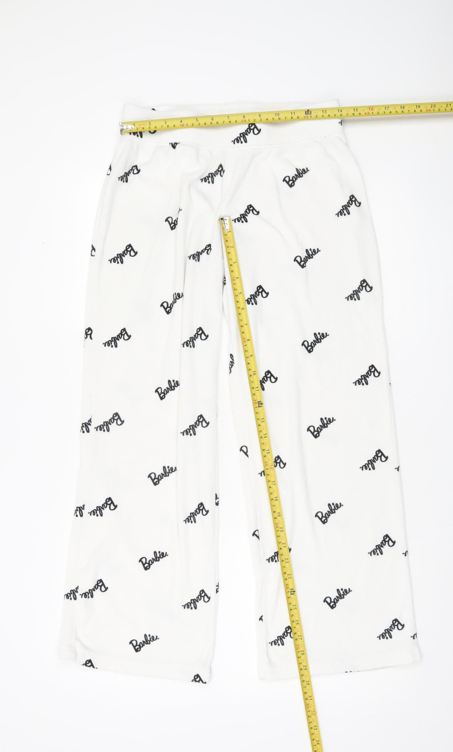 Barbie Womens White Pyjama Pants Size 10-12 Fleece Cartoon Logo