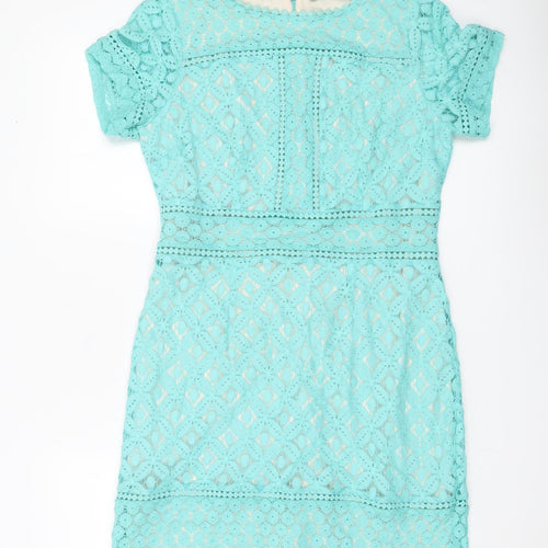 Oasis Women Blue Lace Sheath Dress Size M Short Sleeve