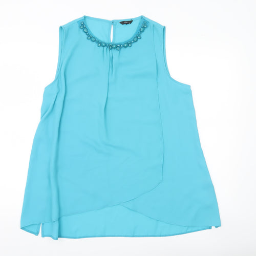 M&Co Women’s Blue Beaded Neckline Sleeveless Tunic Blouse Size 16
