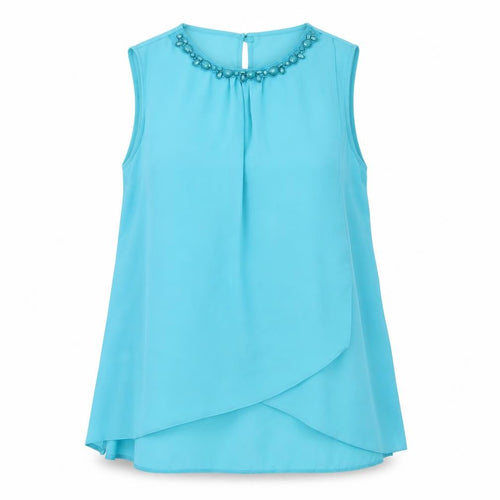 M&Co Women’s Blue Beaded Neckline Sleeveless Tunic Blouse Size 16