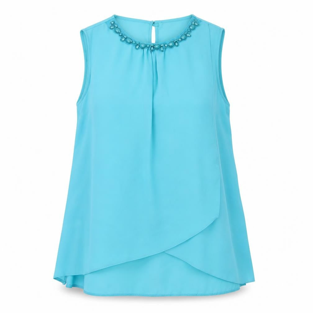 M&Co Women’s Blue Beaded Neckline Sleeveless Tunic Blouse Size 16