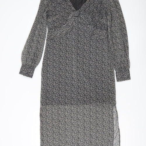 Topshop Women’s Black Floral Midi Wrap Dress Size 6 Long Sleeve