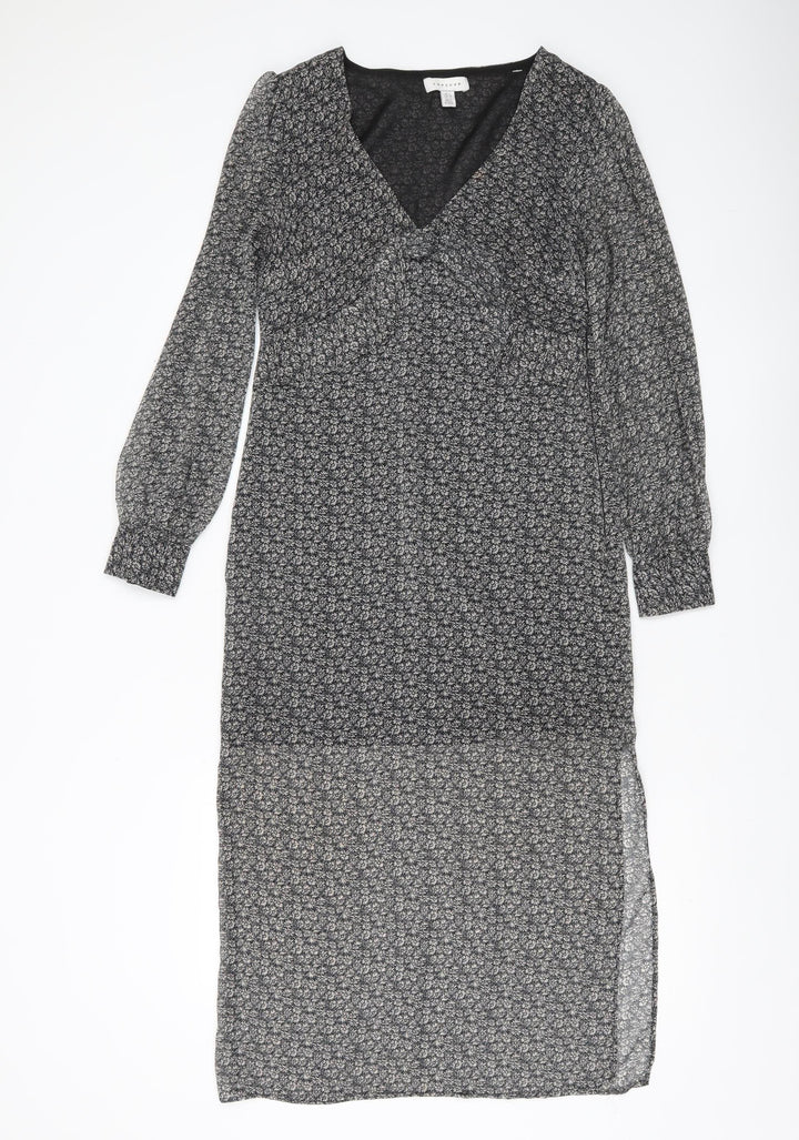Topshop Women’s Black Floral Midi Wrap Dress Size 6 Long Sleeve