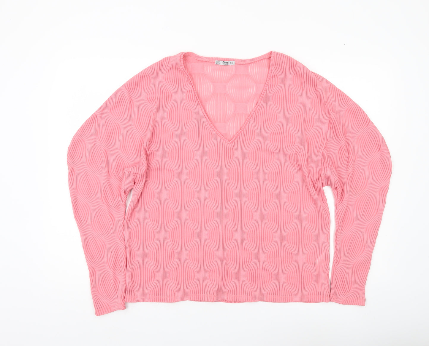 Zara Women’s Pink V-Neck Long Sleeve Blouse Size M Polyester Blend