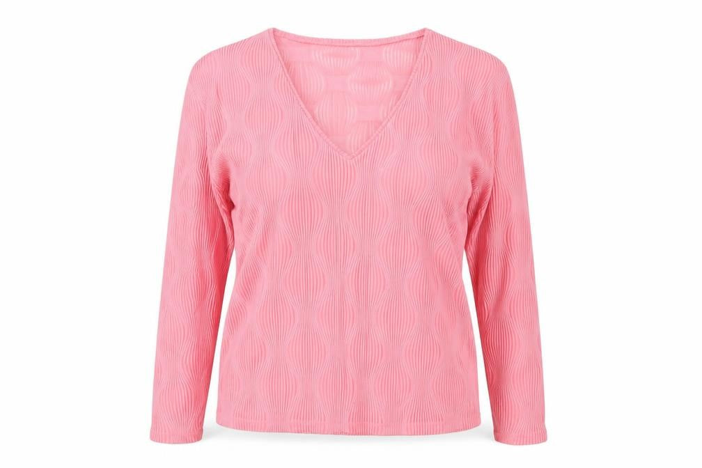 Front view of Zara Women’s Pink V-Neck Long Sleeve Blouse, size M, Polyester Blend