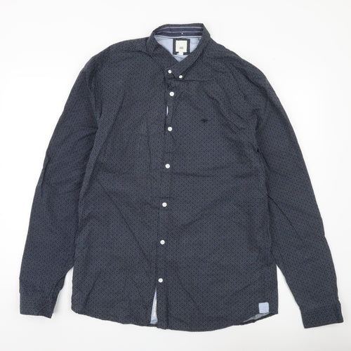 River Island Men’s Blue Geometric Button-Up Shirt L Long Sleeve