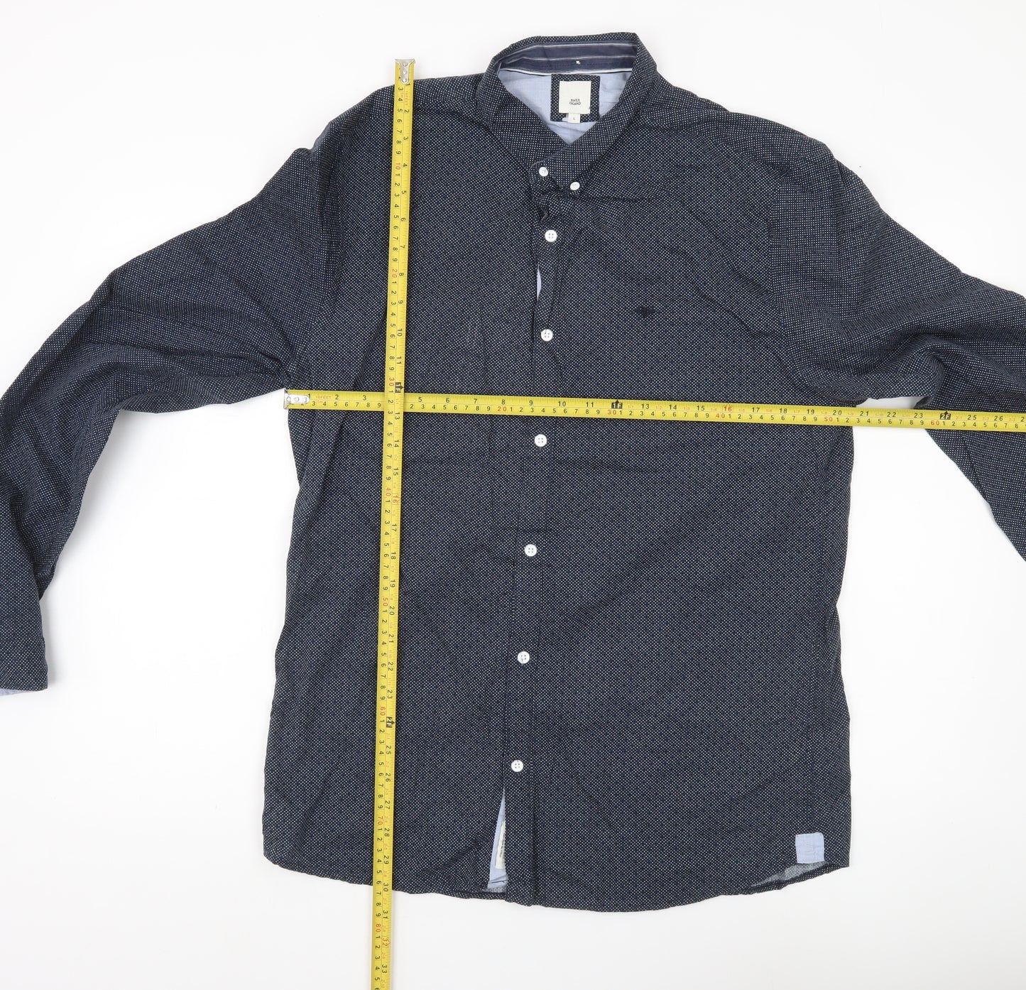 River Island Men’s Blue Geometric Button-Up Shirt L Long Sleeve