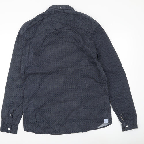 River Island Men’s Blue Geometric Button-Up Shirt L Long Sleeve