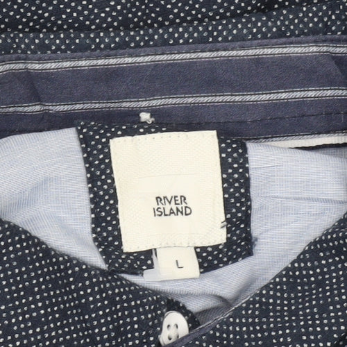 River Island Men’s Blue Geometric Button-Up Shirt L Long Sleeve