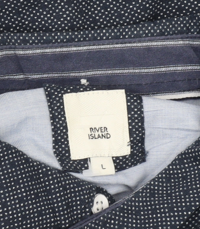 River Island Men’s Blue Geometric Button-Up Shirt L Long Sleeve