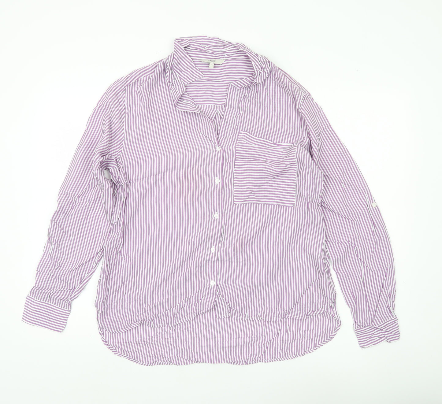 Next Women’s Purple Striped Button-Up Shirt UK 12 Long Sleeve Viscose