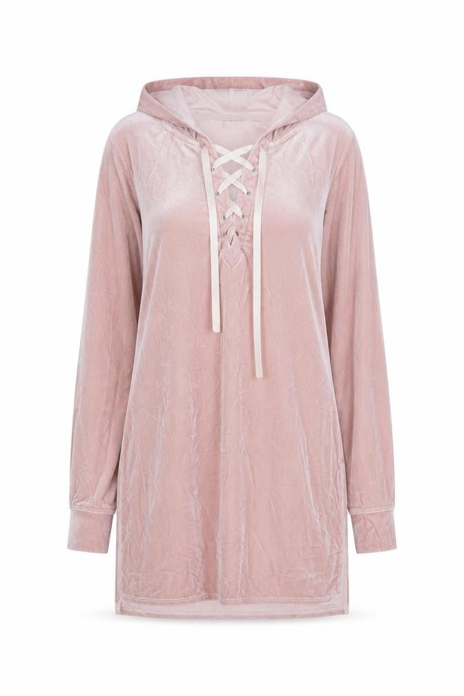 Material Girl Women’s Pink Velvet Lace Up Hoodie Tunic M
