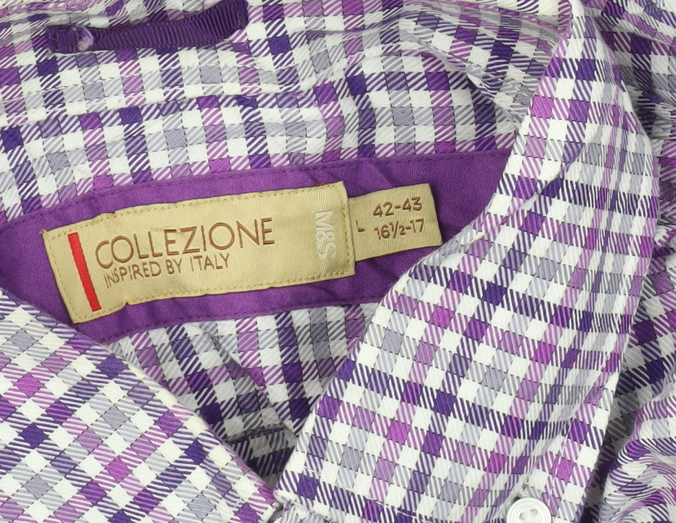 Marks and Spencer Collezione Men's Purple Check Cotton Dress Shirt L 42-43