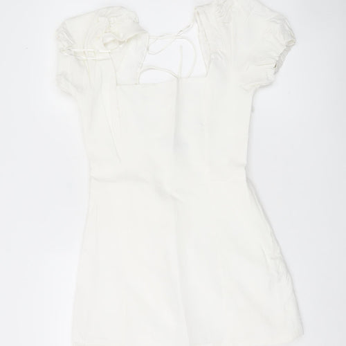 Zara Women White A-Line Short Dress Size 12 Puff Sleeve Lace Up