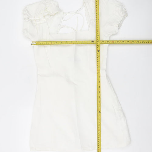 Zara Women White A-Line Short Dress Size 12 Puff Sleeve Lace Up