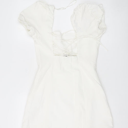 Zara Women White A-Line Short Dress Size 12 Puff Sleeve Lace Up