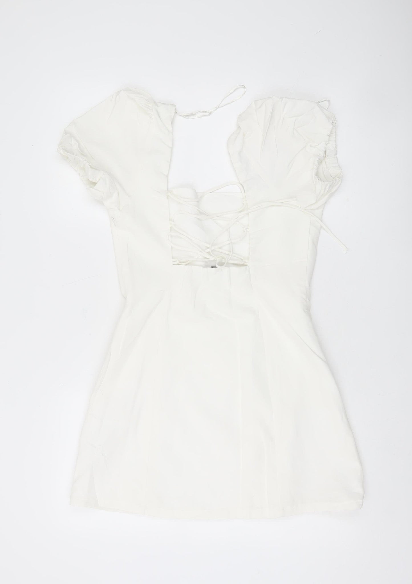 Zara Women White A-Line Short Dress Size 12 Puff Sleeve Lace Up