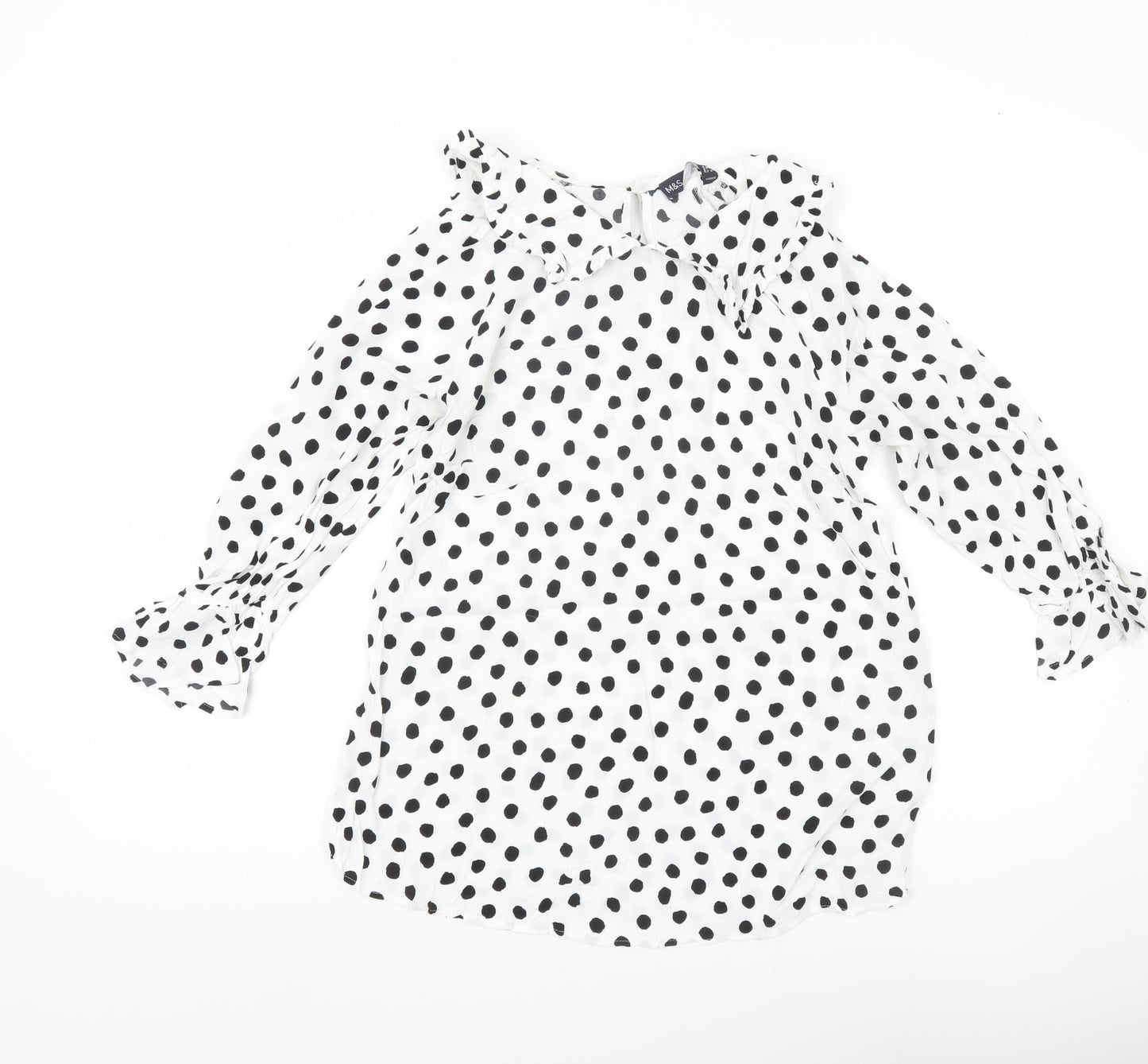 Marks and Spencer Women’s White Polka Dot Blouse Size 8 Ruffle Collar