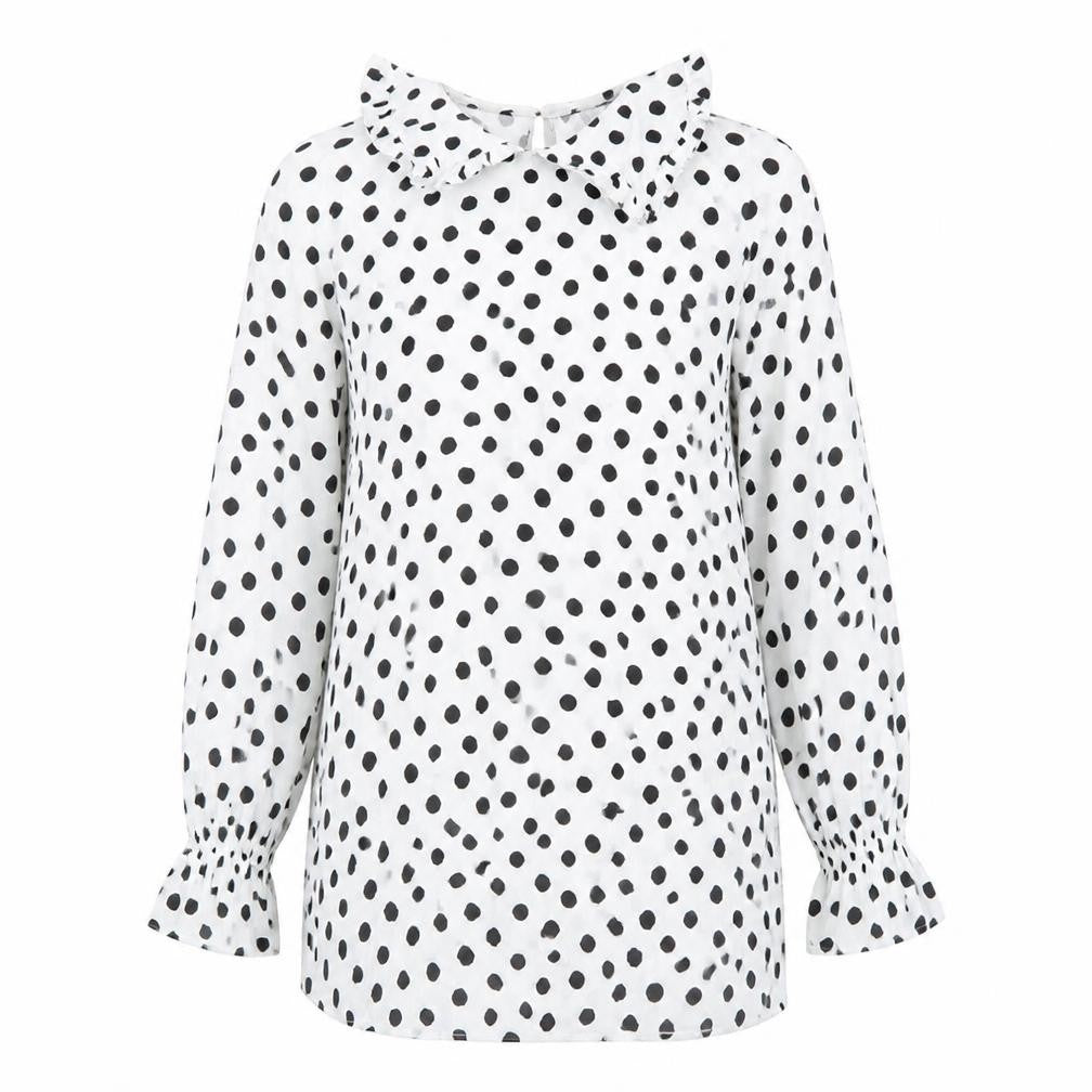 Front view of Marks & Spencer Women’s White Polka Dot Blouse, size UK 8, Ruffle Collar