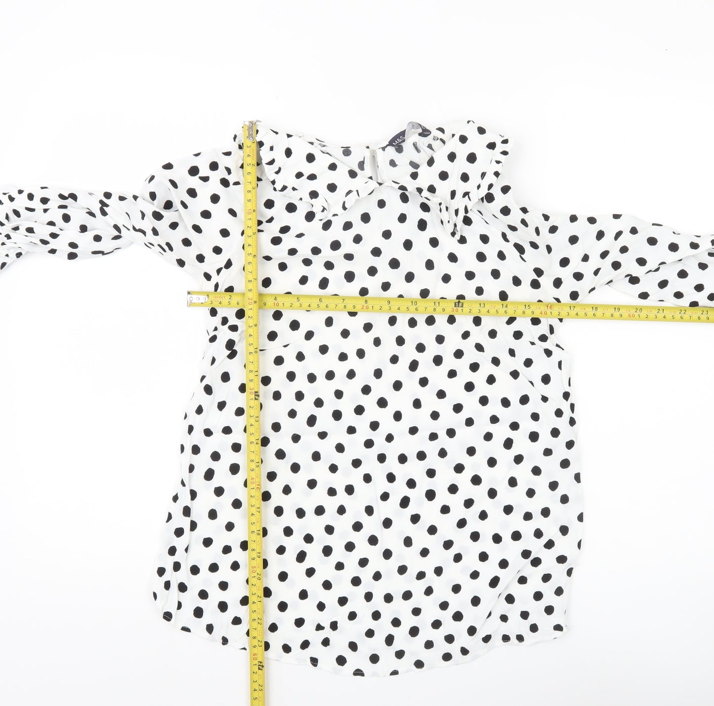 Marks and Spencer Women’s White Polka Dot Blouse Size 8 Ruffle Collar