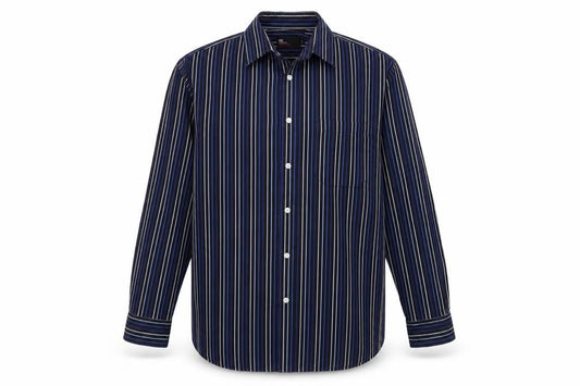 Front view of Marks & Spencer Men’s Blue Striped Long Sleeve Button-Up Shirt, size 16