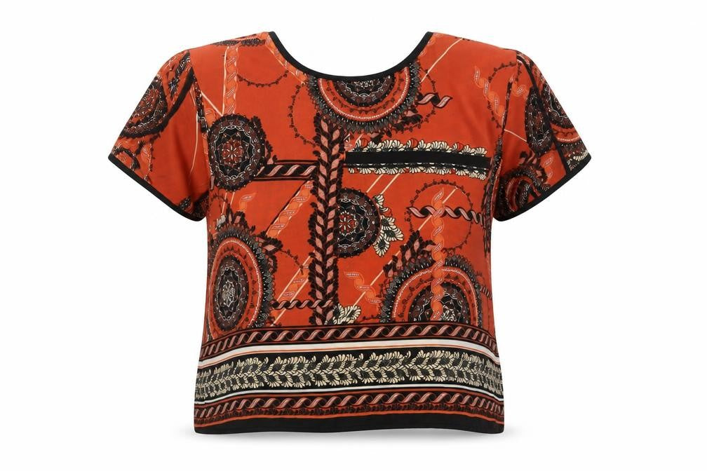 Front view of River Island women’s orange geometric wrap blouse, size UK 6