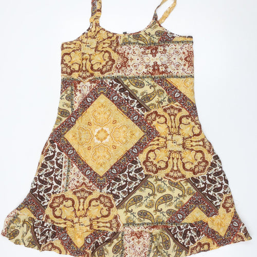 Bonmarché Women’s Yellow Brown Paisley Knee Length Slip Dress Size 10