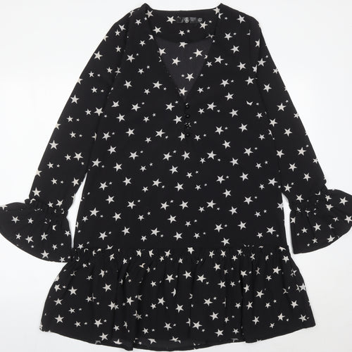 Missguided Women's Black Star Print Shift Dress Size 8 Long Sleeve V-Neck