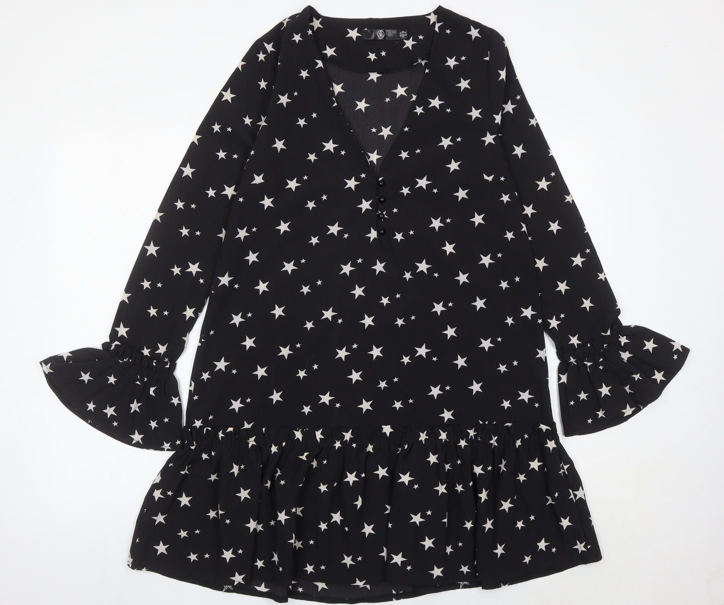 Missguided Women's Black Star Print Shift Dress Size 8 Long Sleeve V-Neck