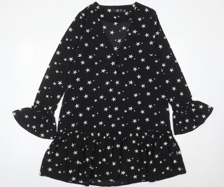 Missguided Women's Black Star Print Shift Dress Size 8 Long Sleeve V-Neck