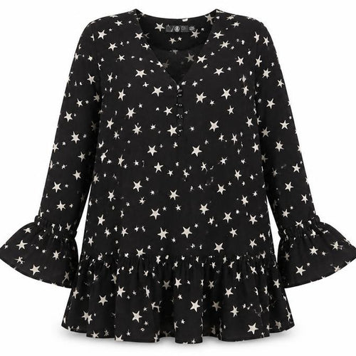Missguided Women's Black Star Print Shift Dress Size 8 Long Sleeve V-Neck