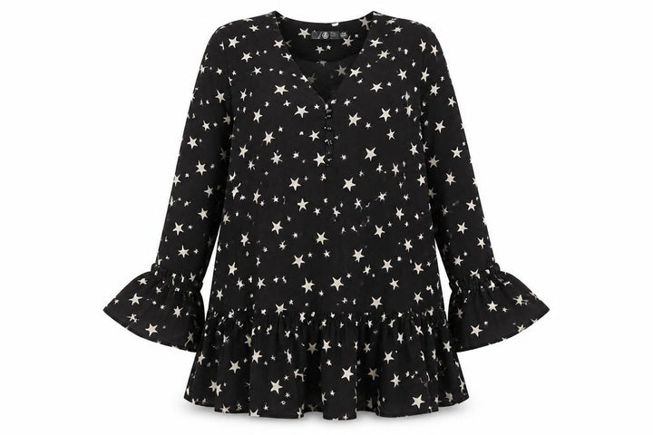 Missguided Women's Black Star Print Shift Dress Size 8 Long Sleeve V-Neck