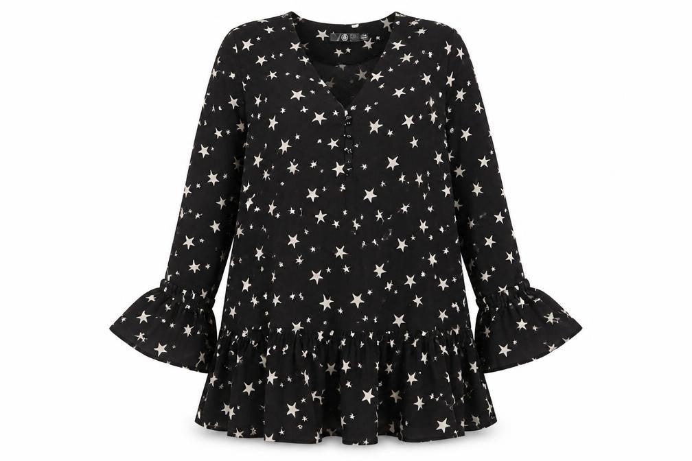 Missguided Women's Black Star Print Shift Dress Size 8 Long Sleeve V-Neck