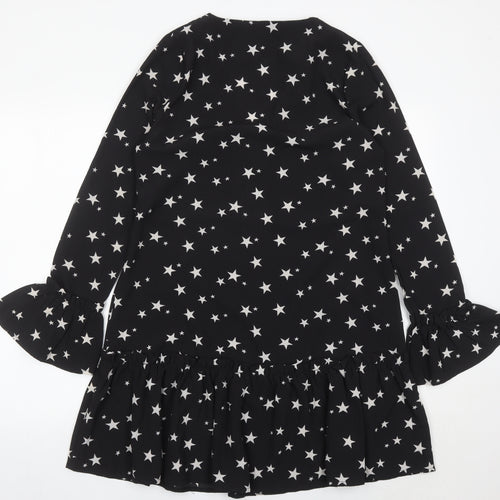 Missguided Women's Black Star Print Shift Dress Size 8 Long Sleeve V-Neck