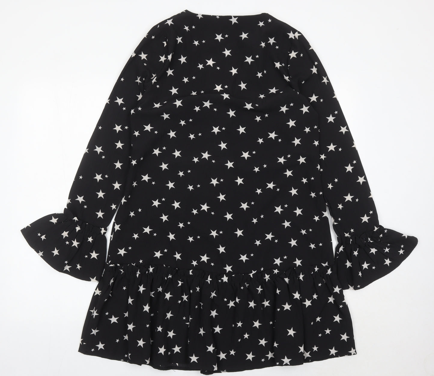 Missguided Women's Black Star Print Shift Dress Size 8 Long Sleeve V-Neck